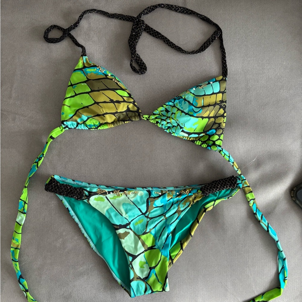 Sauvage California green and blue patterned halter bikini